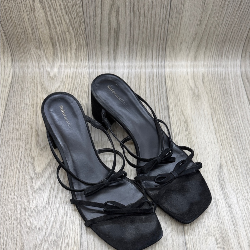 Reformation Black Strappy Bow Heels